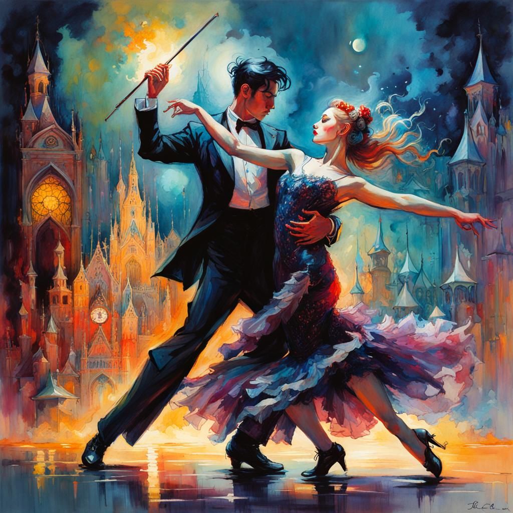 Gothic Tango Dancers in Luminescent Watercolour Fantasy