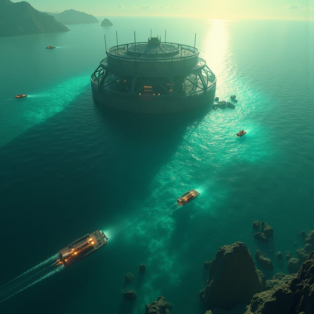 Lush Green Water Planet with Colossal Iron Structure