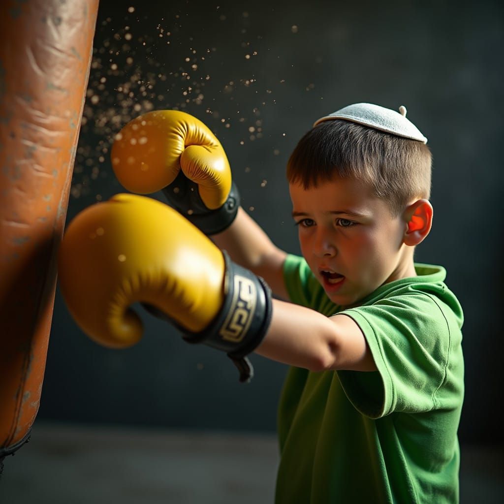 Young Boy Throws Punch in Determined Boxing Stance