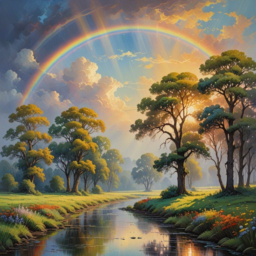 Dreamy Rainbow Landscape in Impressionist Style