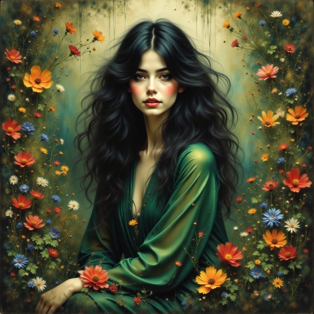 Mother Earth: Raven-Haired Woman in Lush Foliage