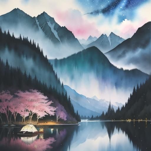 Toddler Girl and Dog Camping on Boat, Watercolor Style