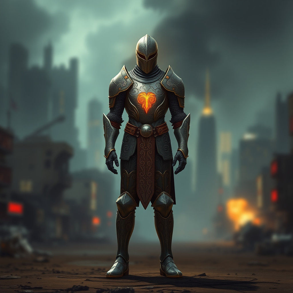 Knight in Shining Armor Stands Against Apocalyptic Cityscape