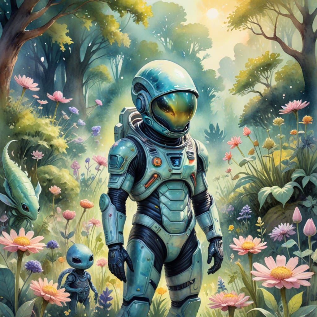 Friendly Aliens Welcome Space Explorer in Whimsical Watercol...