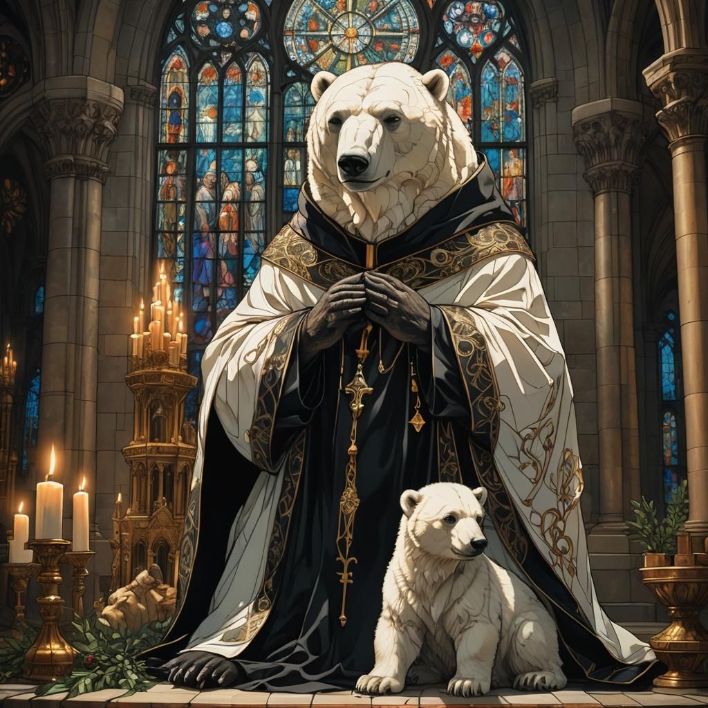 Polar Bear Priest Praying in Cathedral