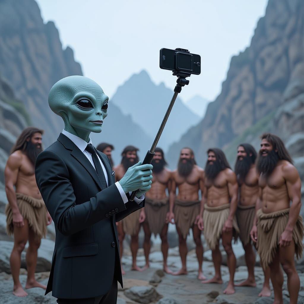 Alien Selfie with Cavemen in Prehistoric Landscape
