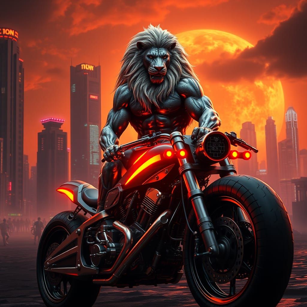 Cybernetic Lion Bodybuilder on Heavy Bike