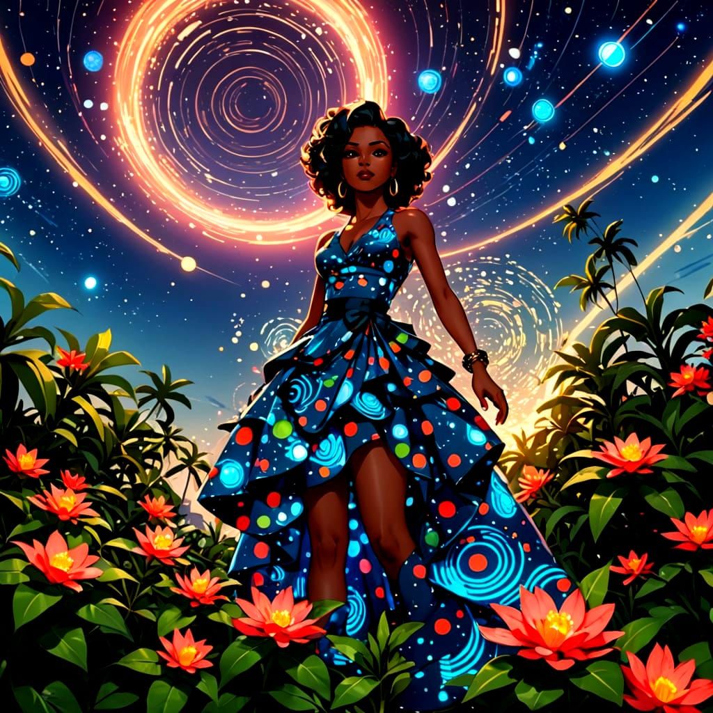 Afrofuturist Caribbean Woman in Digital Constellation Twilig...