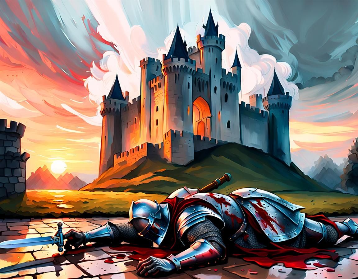 A knight laying on the ground with a sword stuck through the breast plate of his armour bleeding in front of a castle