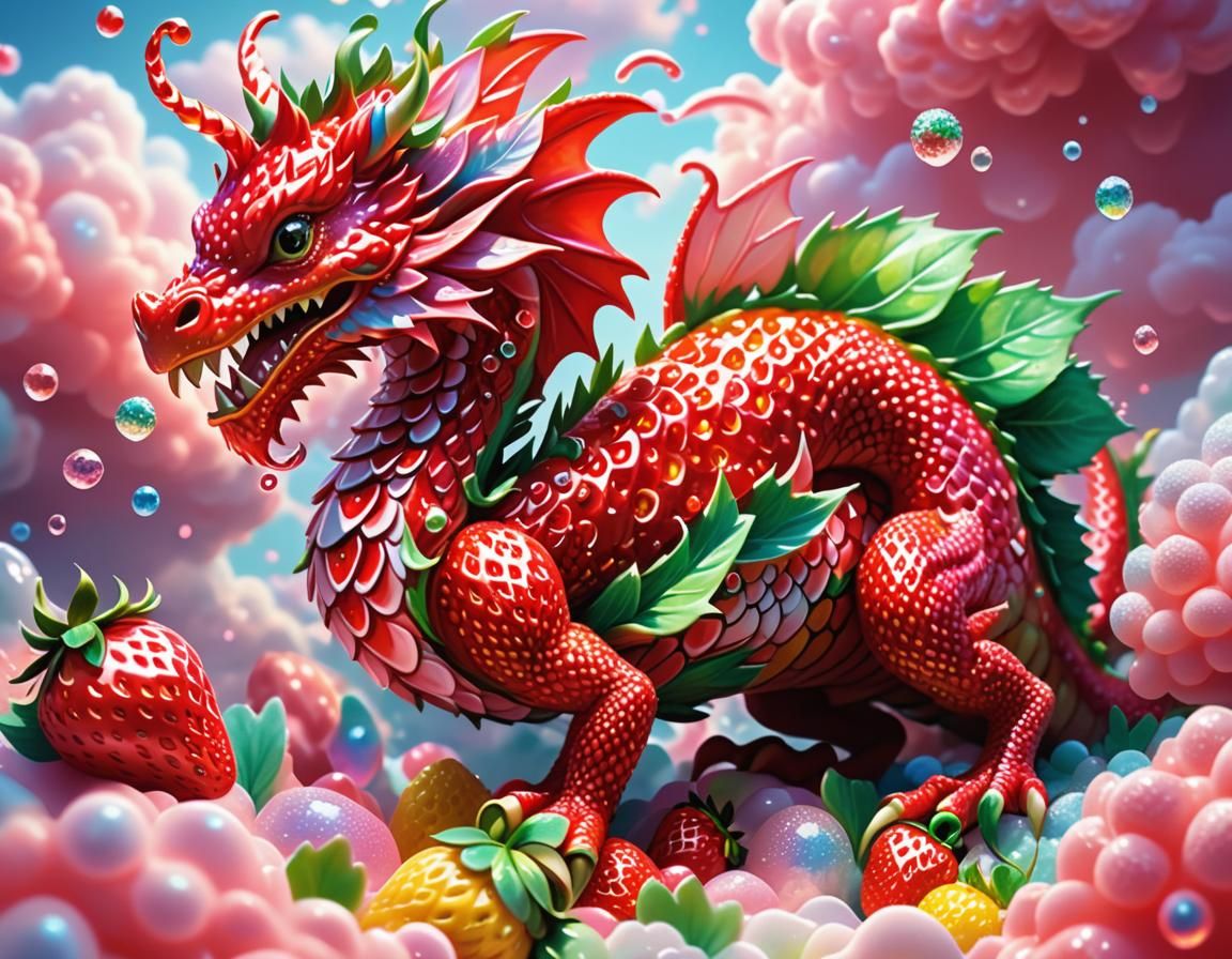 Strawberry Dragon Hybrid in Whimsical Fantasy Art