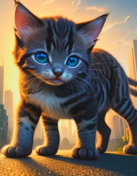 Giant Kitten Over Miniature City: Digital Matte Painting
