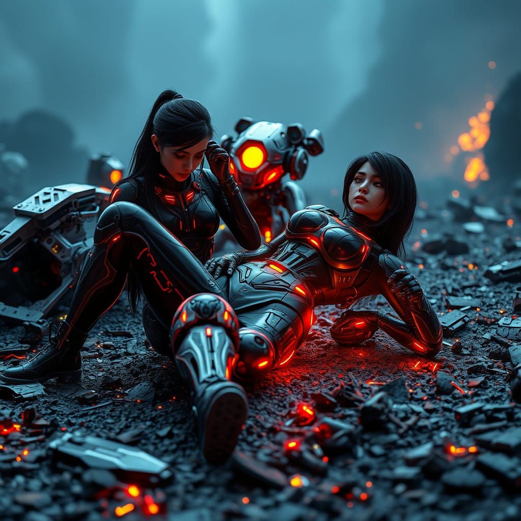 Cyberpunk Warriors in Defeat on a Ravaged Battlefield