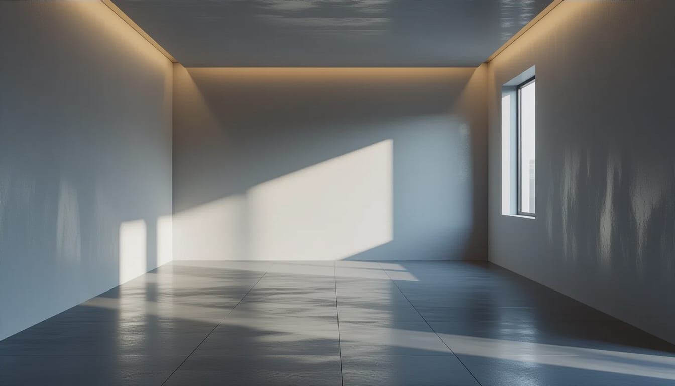 A completely empty gray room with smooth gray walls and a gr...