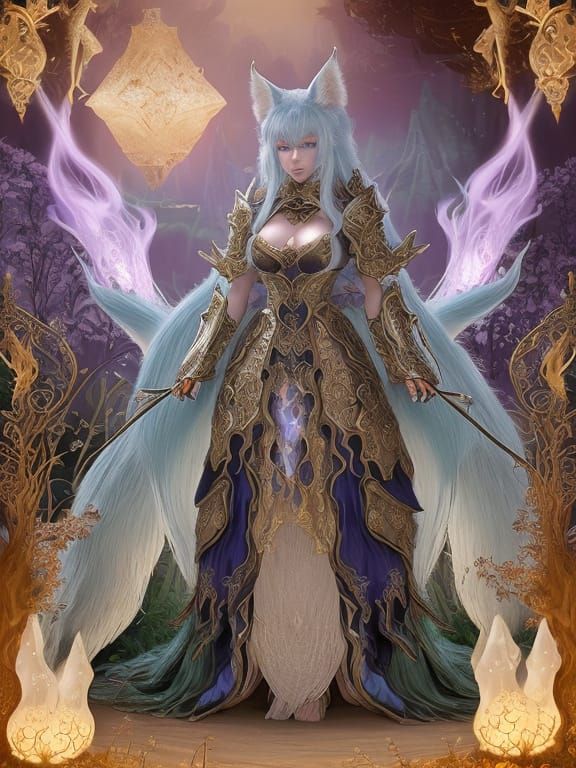 Regal Kitsune Knight in Bioluminescent Forest - Fantasy Art