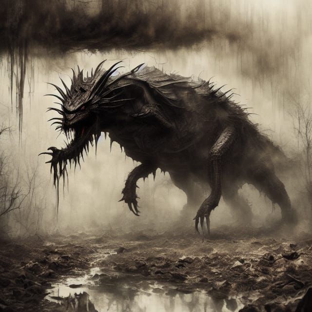 Spooky Dragon-Sandworm Beetle Creature in Smoky Forest