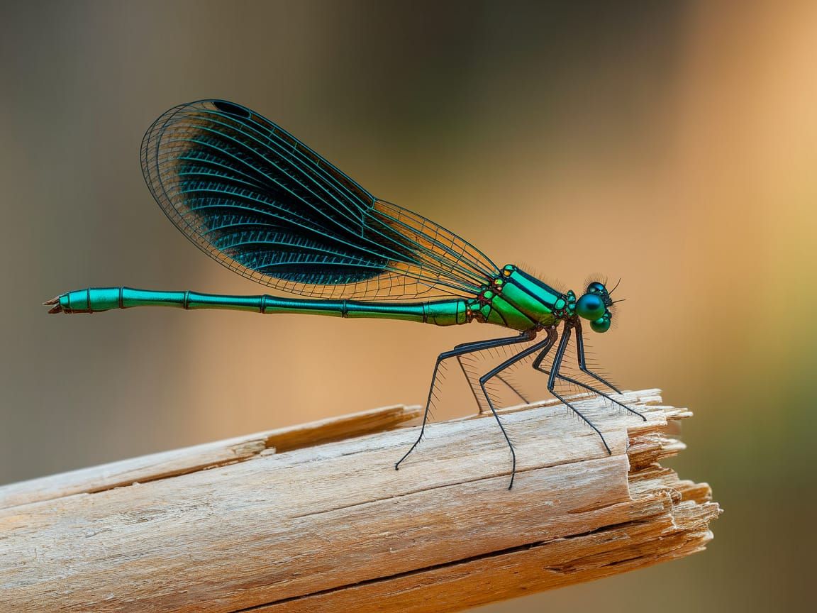 Iridescent Damselfly Close-Up on Weathered Log