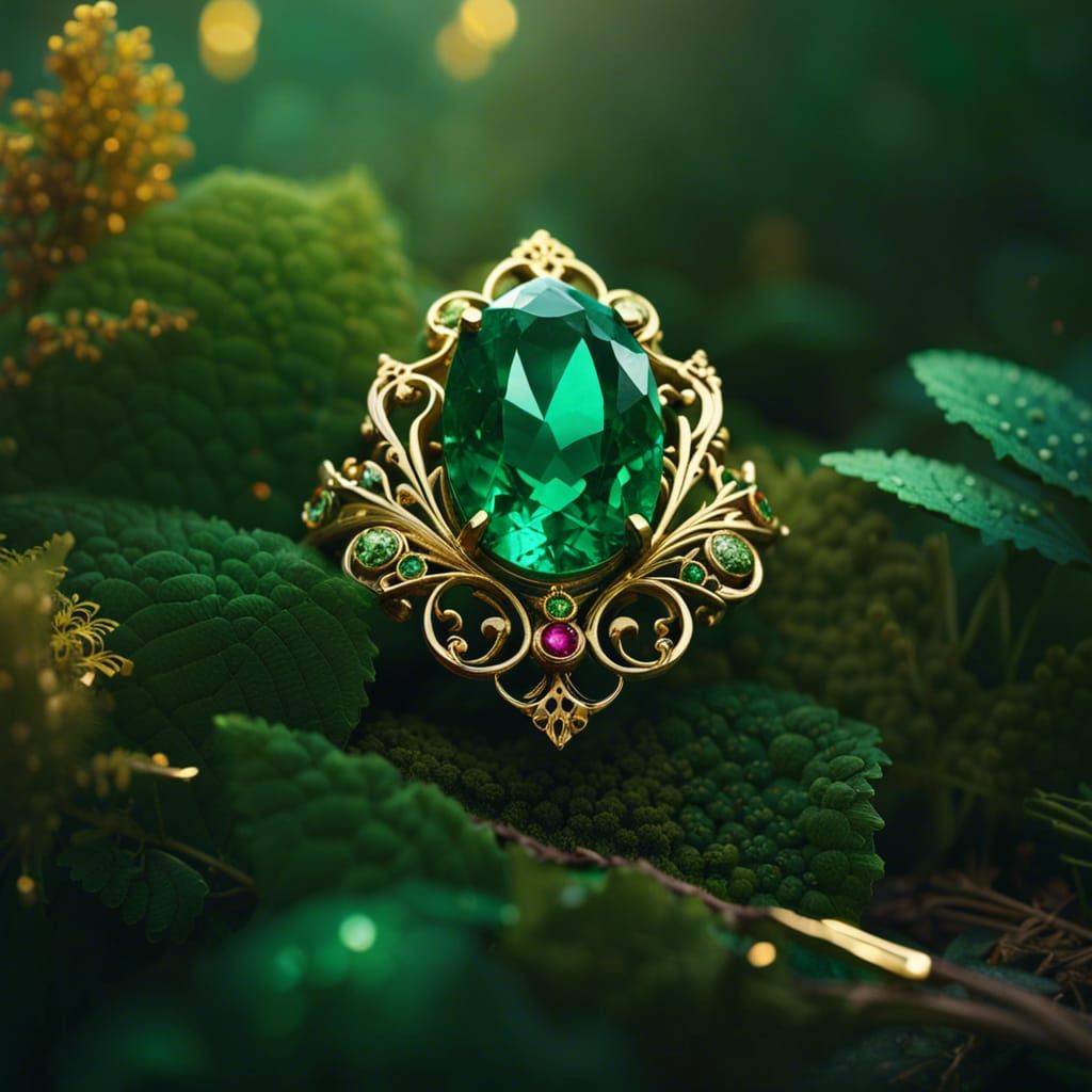 Emerald Gemstone Rose in Forest, Detailed Art Photography