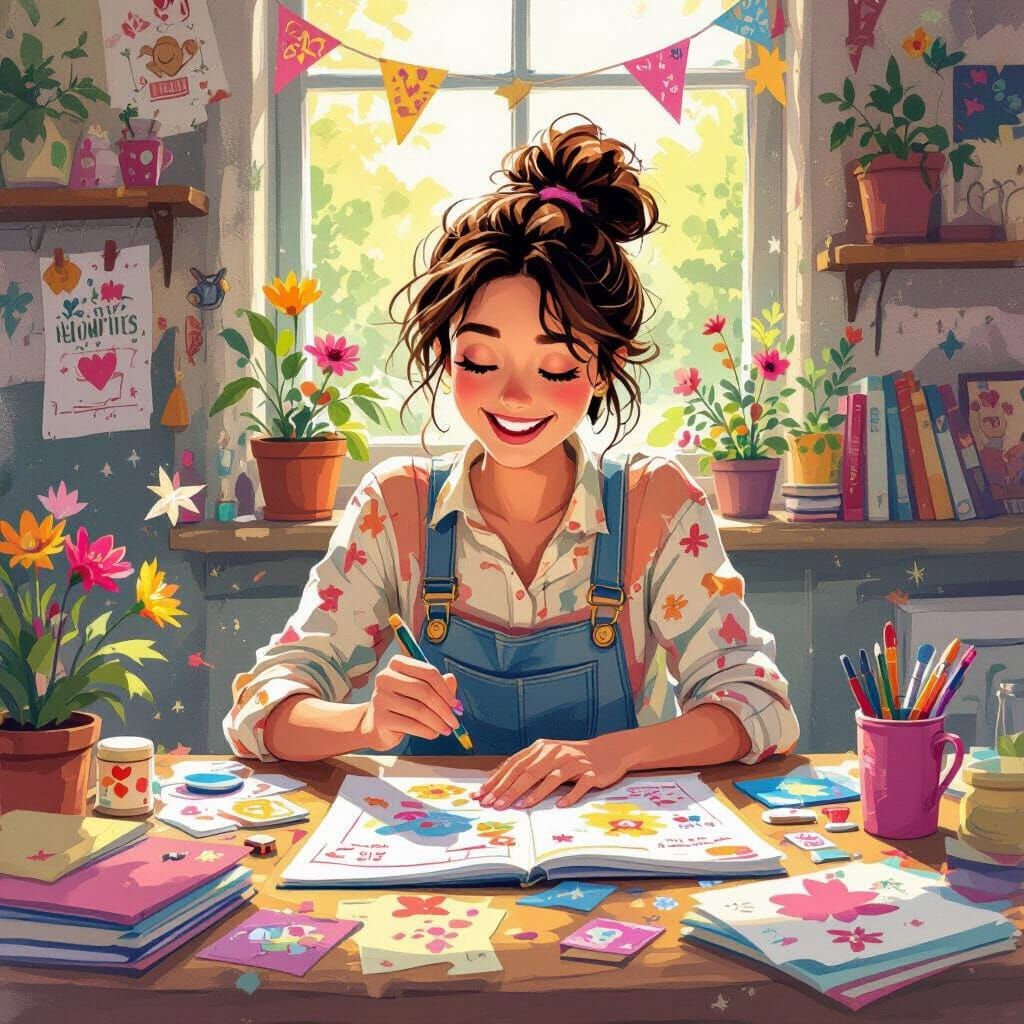 Joyful Scrapbooking Scene in Whimsical Storybook Style