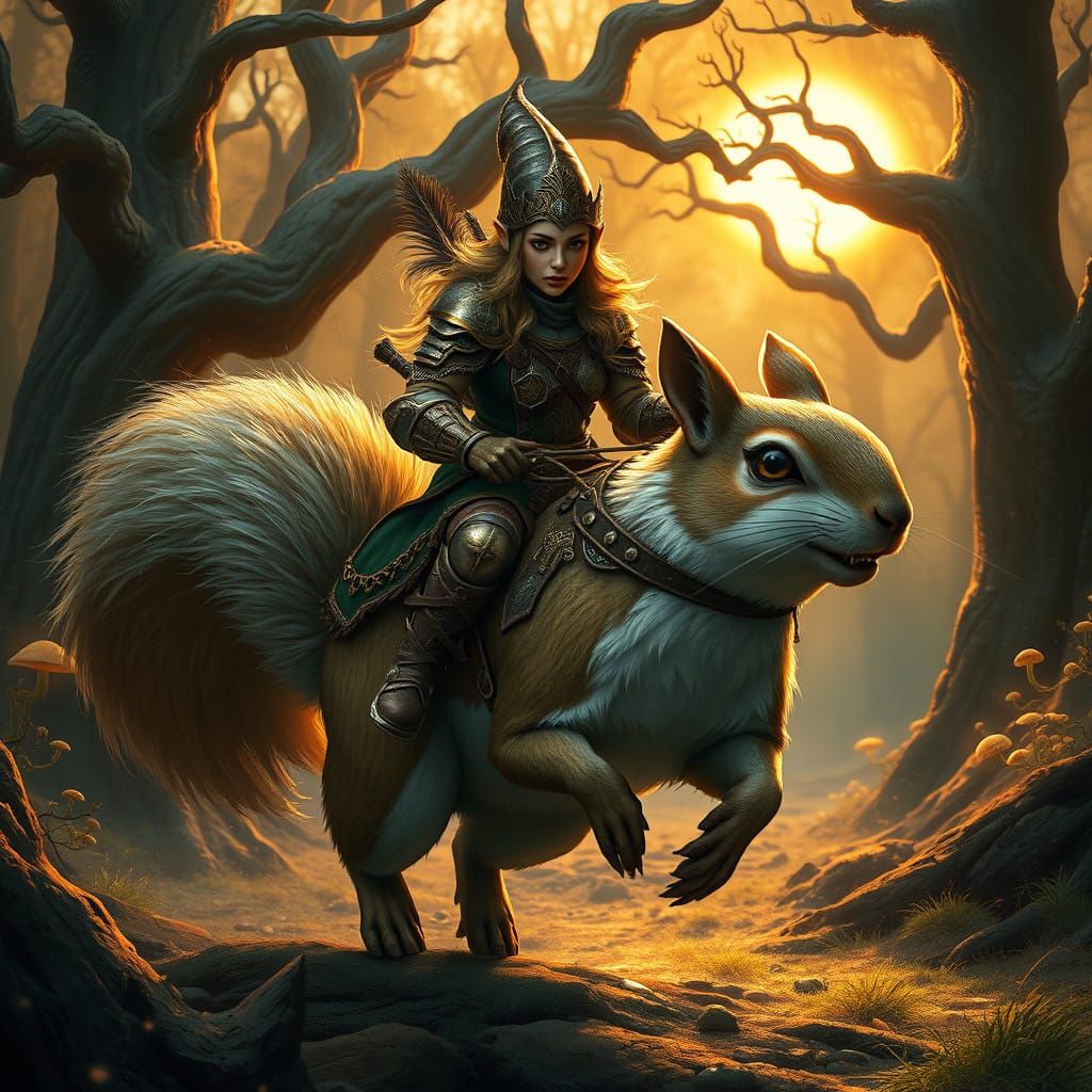 Gnome Warrior Woman Riding a Glowing Squirrel in a Fantastic...