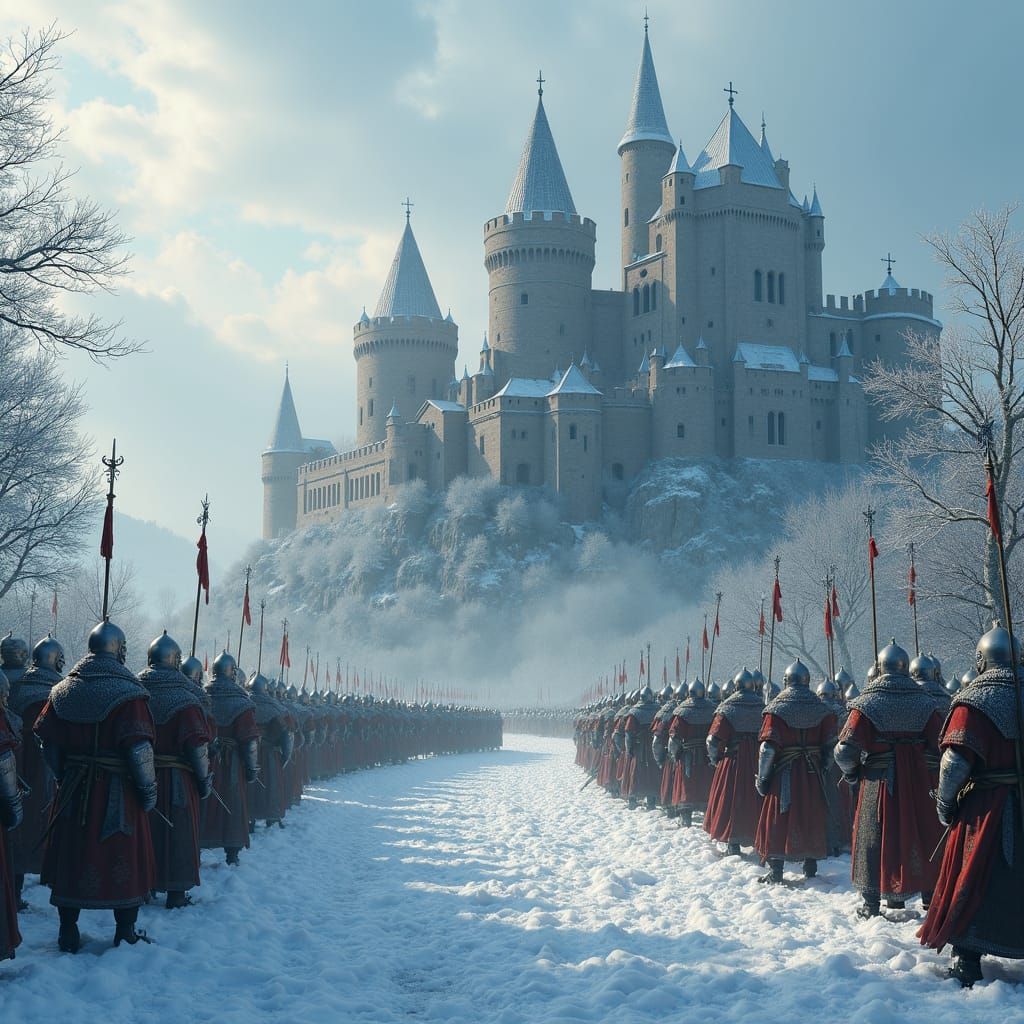 Medieval Army Sieges Castle in Frosty Fantasy Landscape