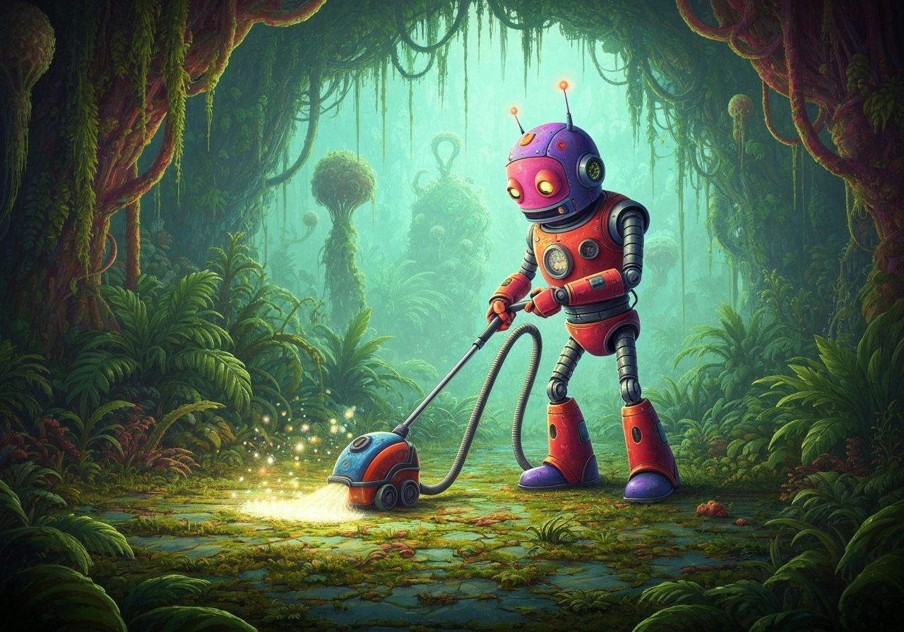 Robot Cleans Alien Jungle with Fairy Dust Vacuum