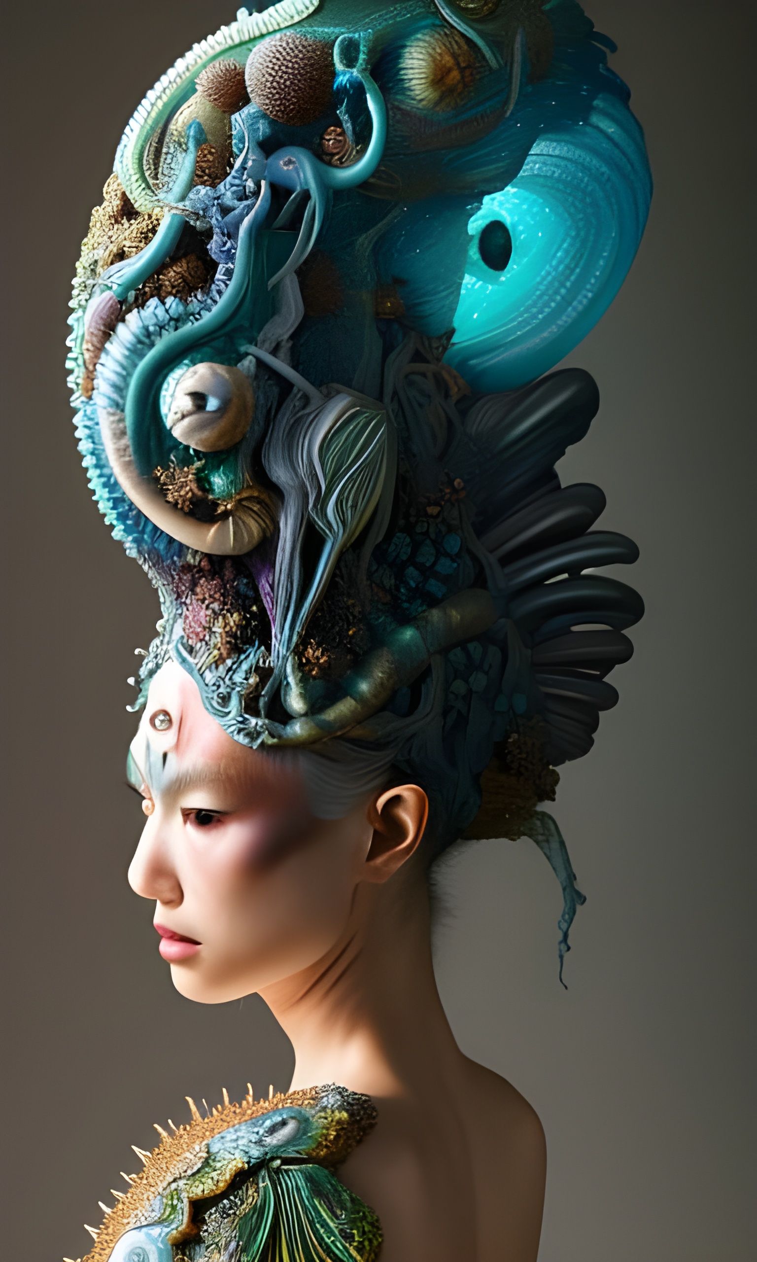 Zombie Mermaid Warrior with Bioluminescent Creatures