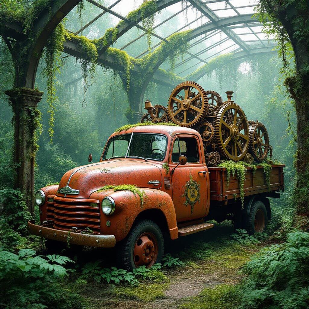 Abandoned Clockwork Garden with Rusted Truck