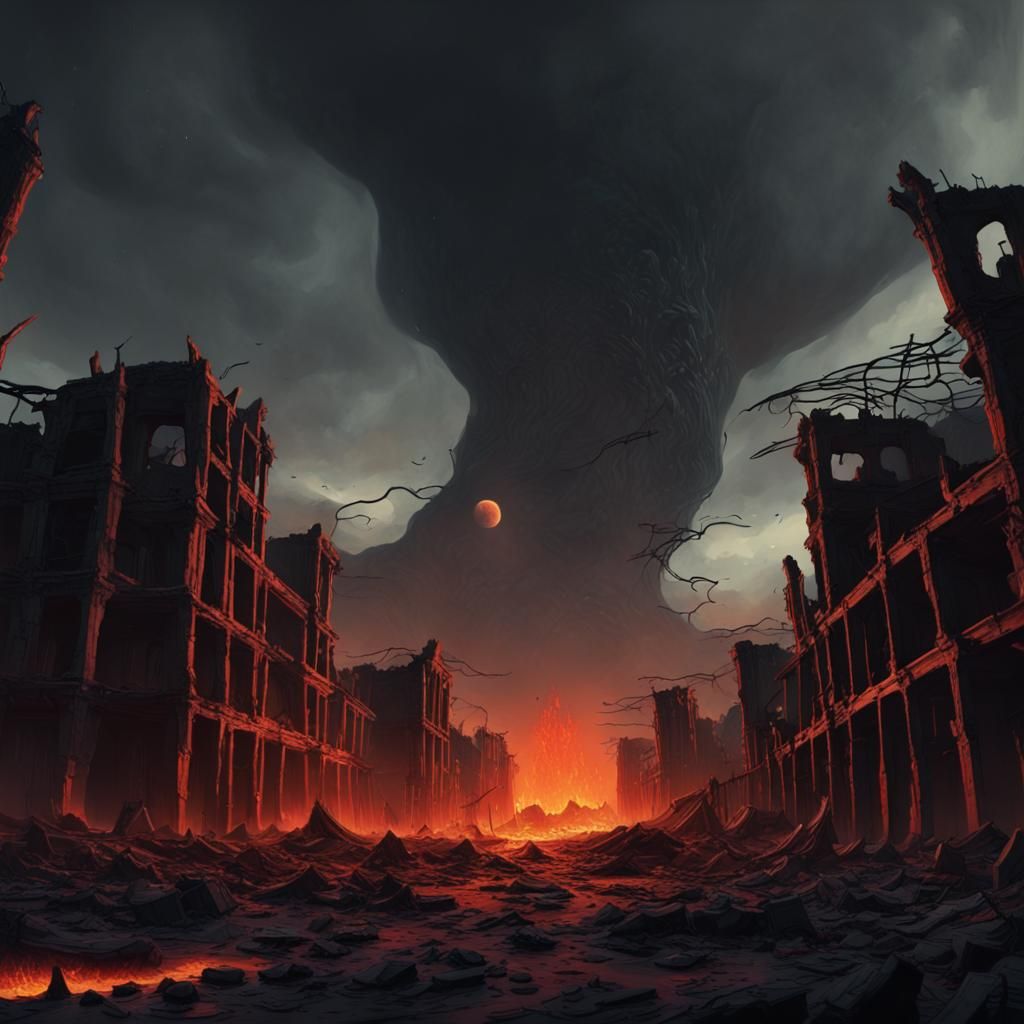 Hellish Earthquake with Black Moon, Dark Fantasy Art