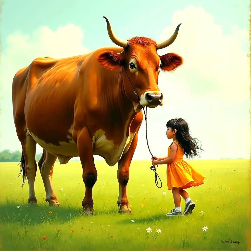 Girl Leads Cow in Lush Meadow, Delicate Realism Style