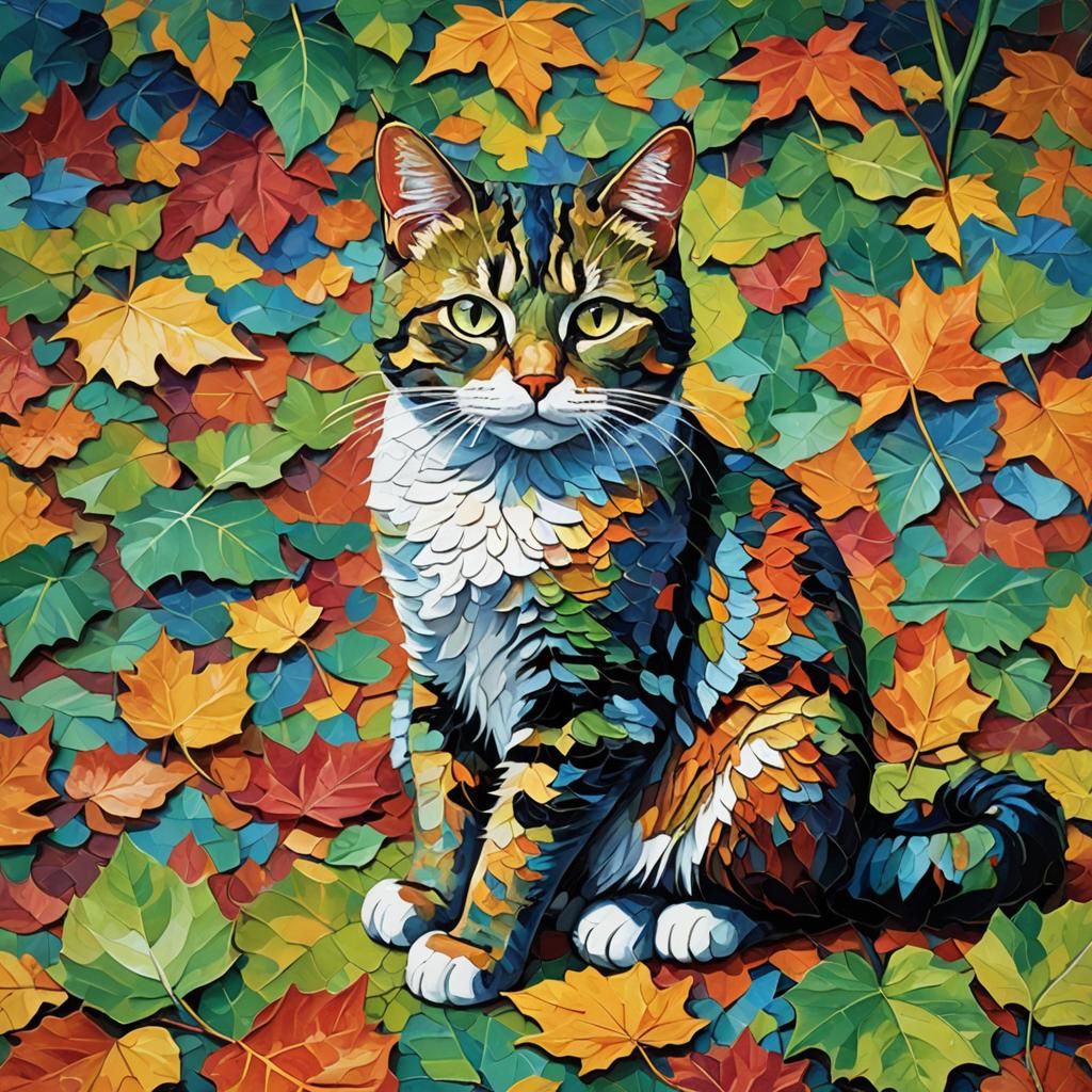 Leaf Cat in Neo-Impressionistic Oil Painting