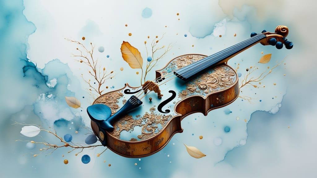 Ornate Violin Suspended in Dreamlike Surreal Atmosphere