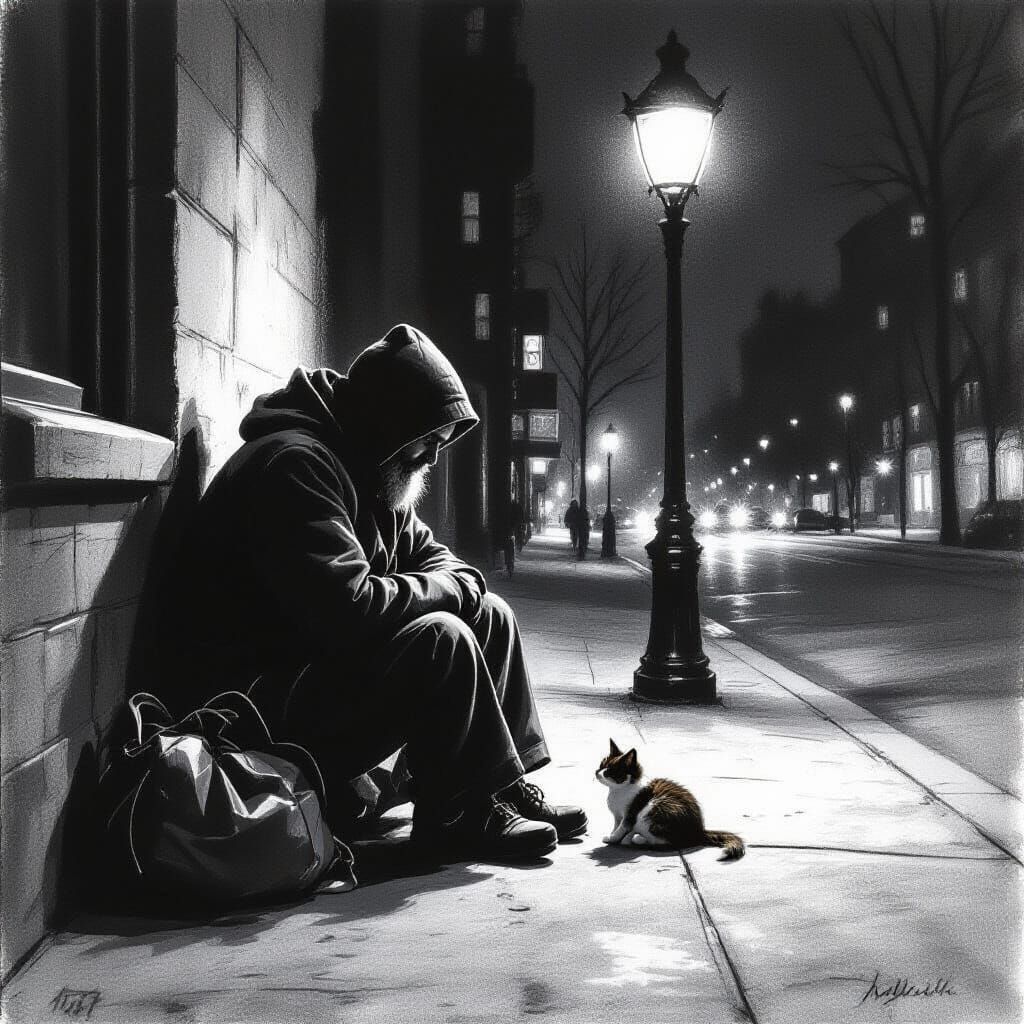 Homeless Person and Stray Cat: Charcoal Drawing