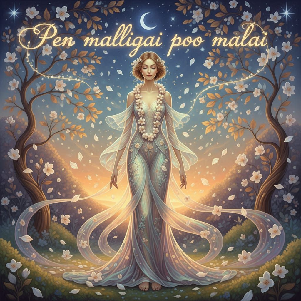 Poetic Twilight Garden with Woman and Jasmine Garland