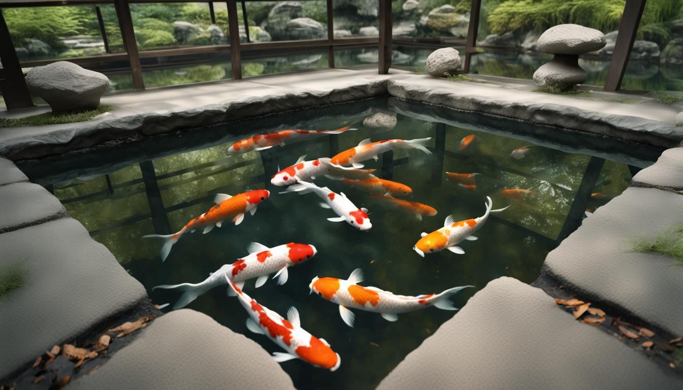 Koi Fish in Zen Garden Pond: Underwater View