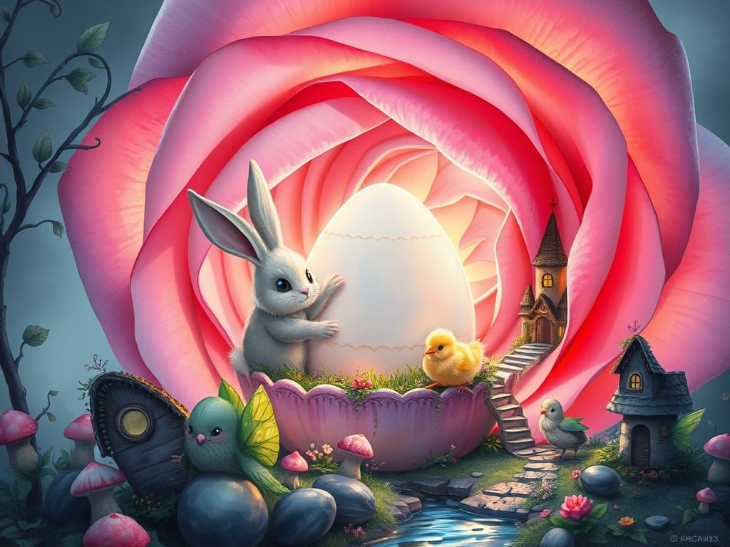 Easter Bunny and Chick in Giant Rose, Watercolor Art