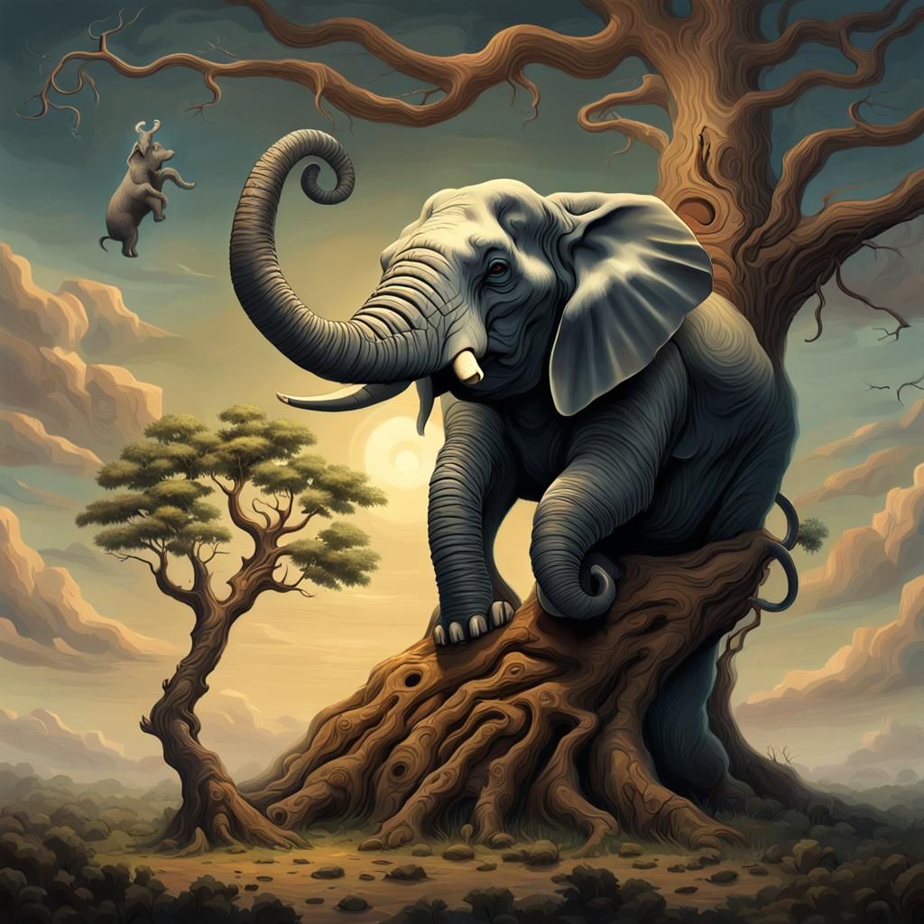 Frightened Elephant and Shocked Mouse in Oil Painting Style