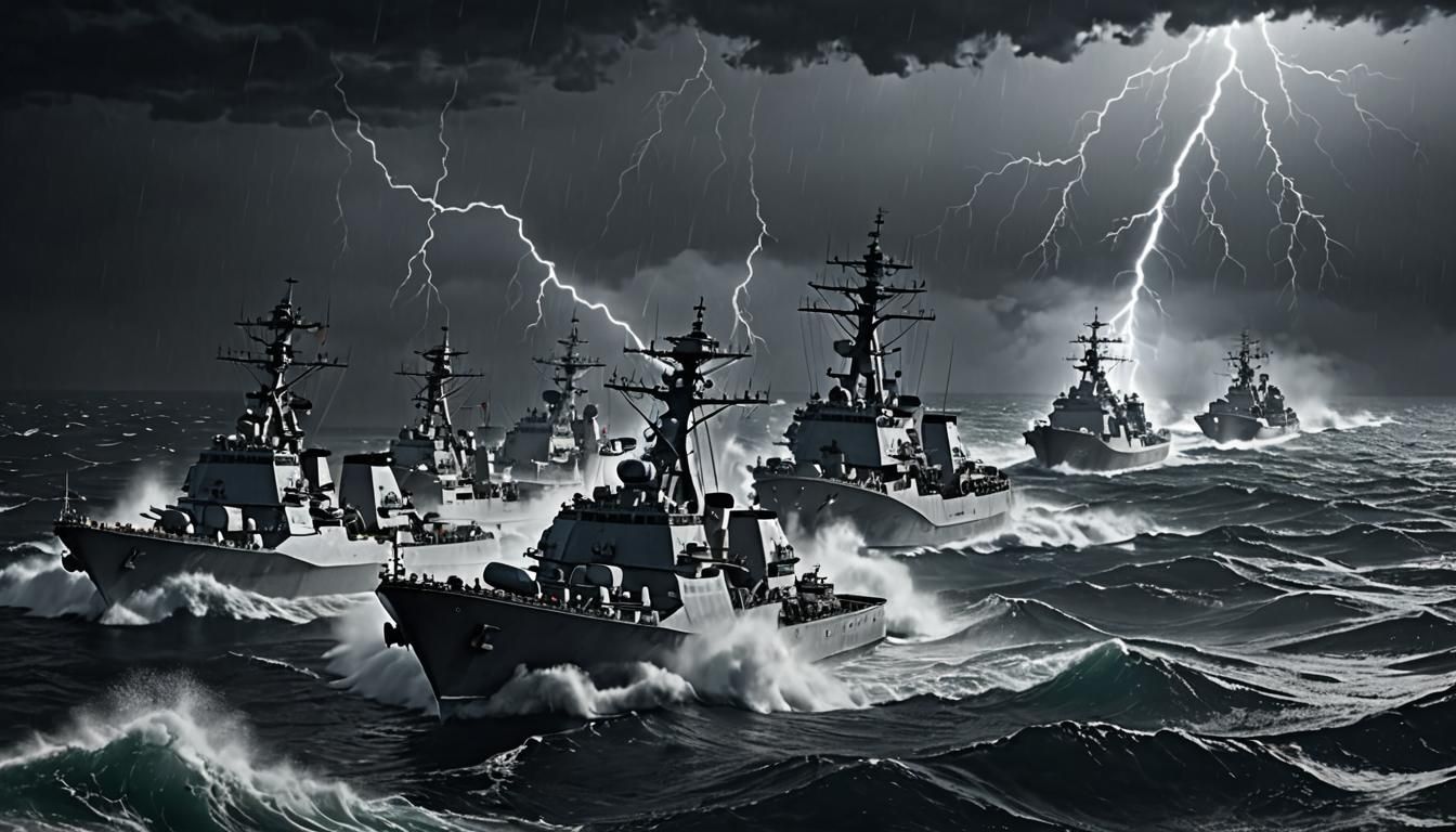 Navy Fleet in Stormy Seas with Lightning