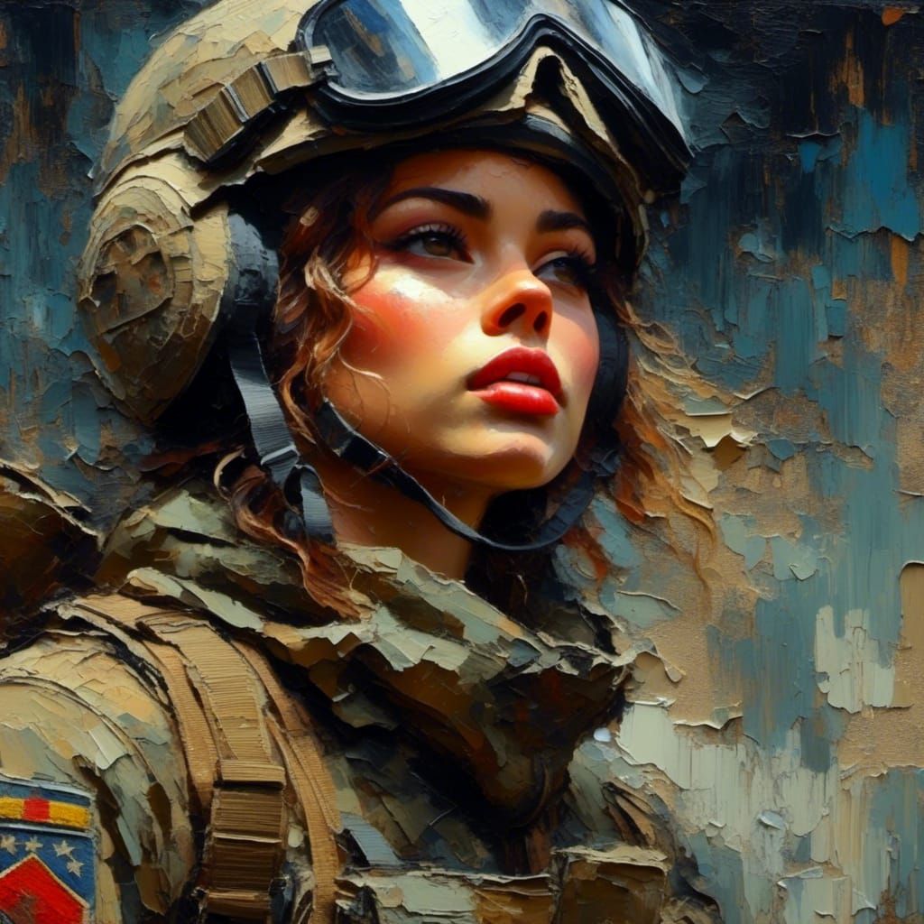 Grungy Oil Painting of Soldier Woman