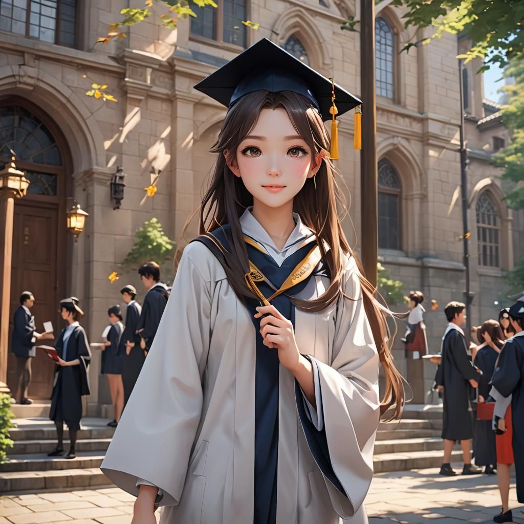 Anime Girl Celebrates Graduation Success in 3D Art