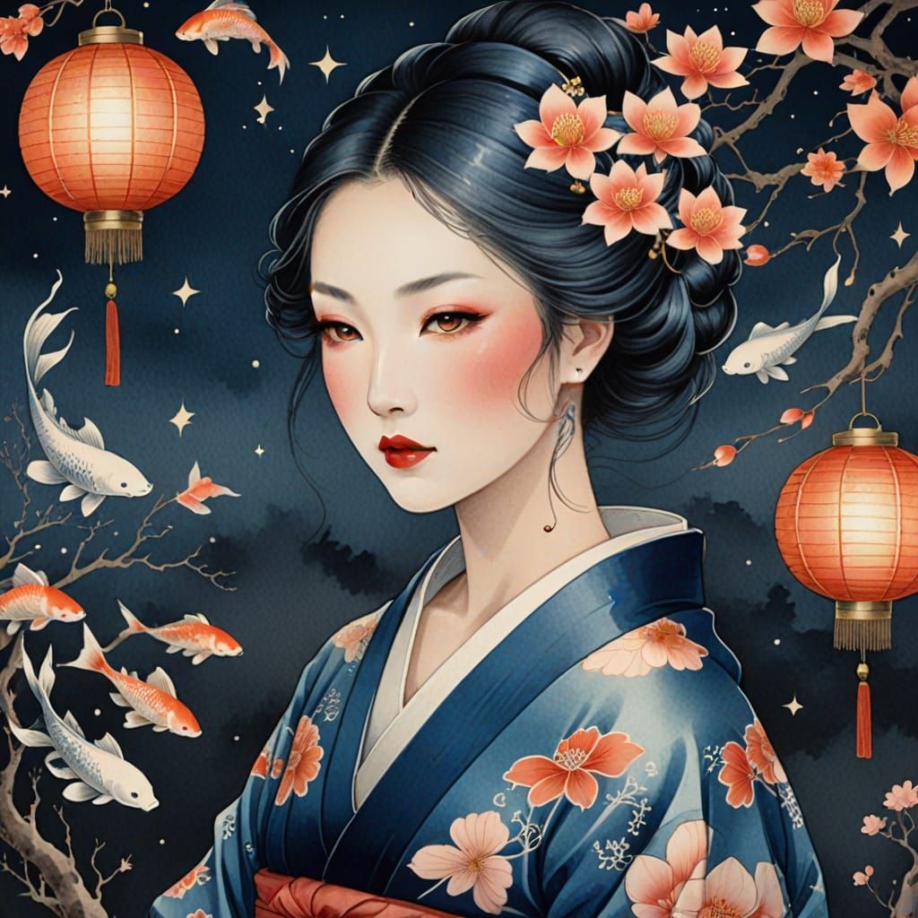 Ethereal Japanese Beauty in Vibrant Watercolor