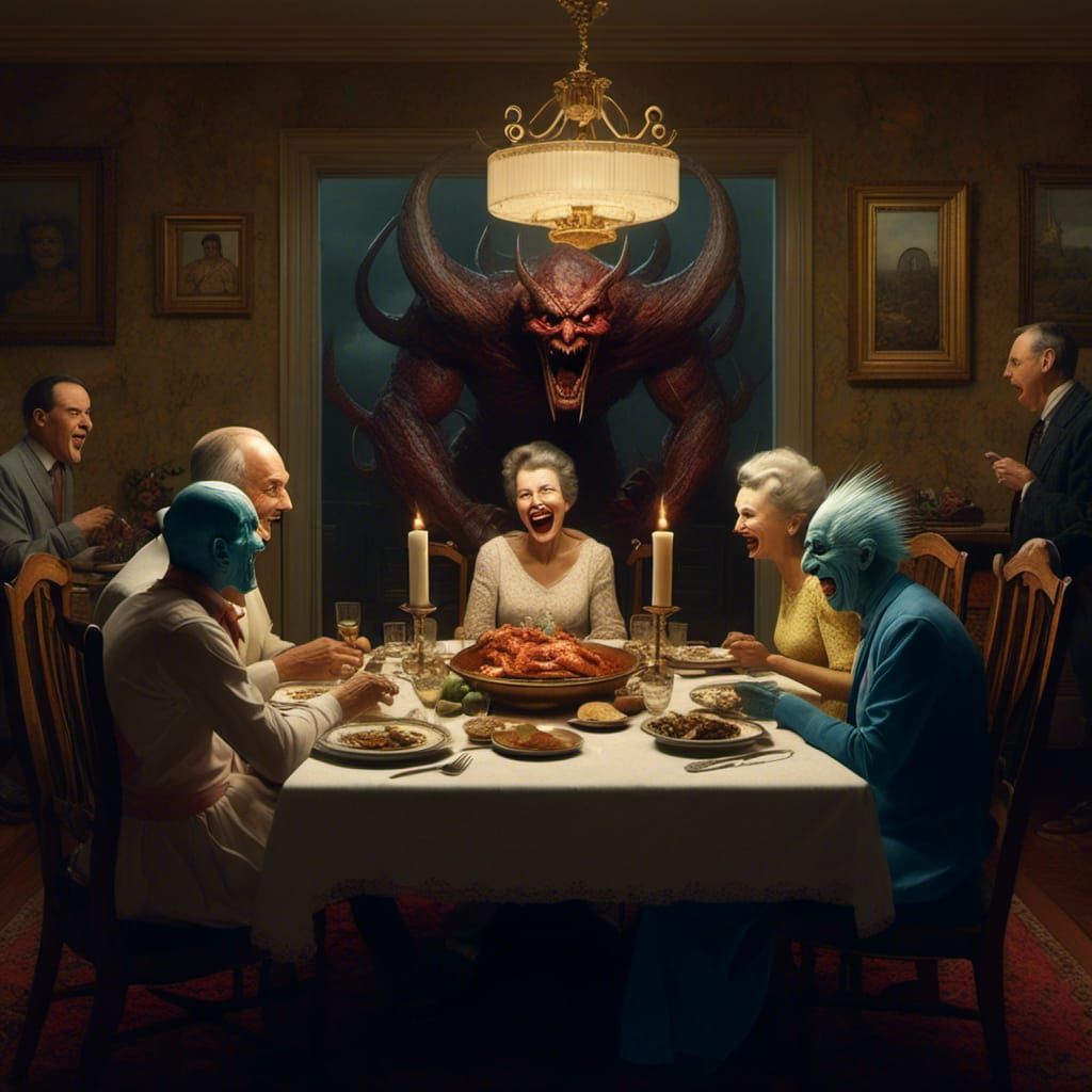 Demonic Mask Disrupts Family Dinner, Surreal Art