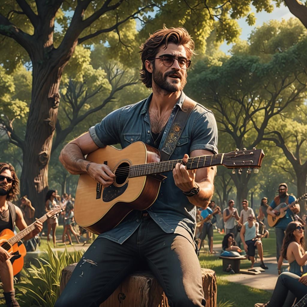 Bearded Man Plays Guitar: Detailed Matte Painting