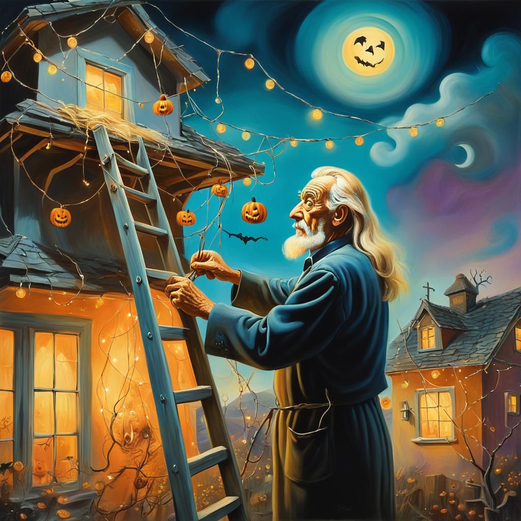 Man Decorating House with Halloween Lights in Surrealist Sty...