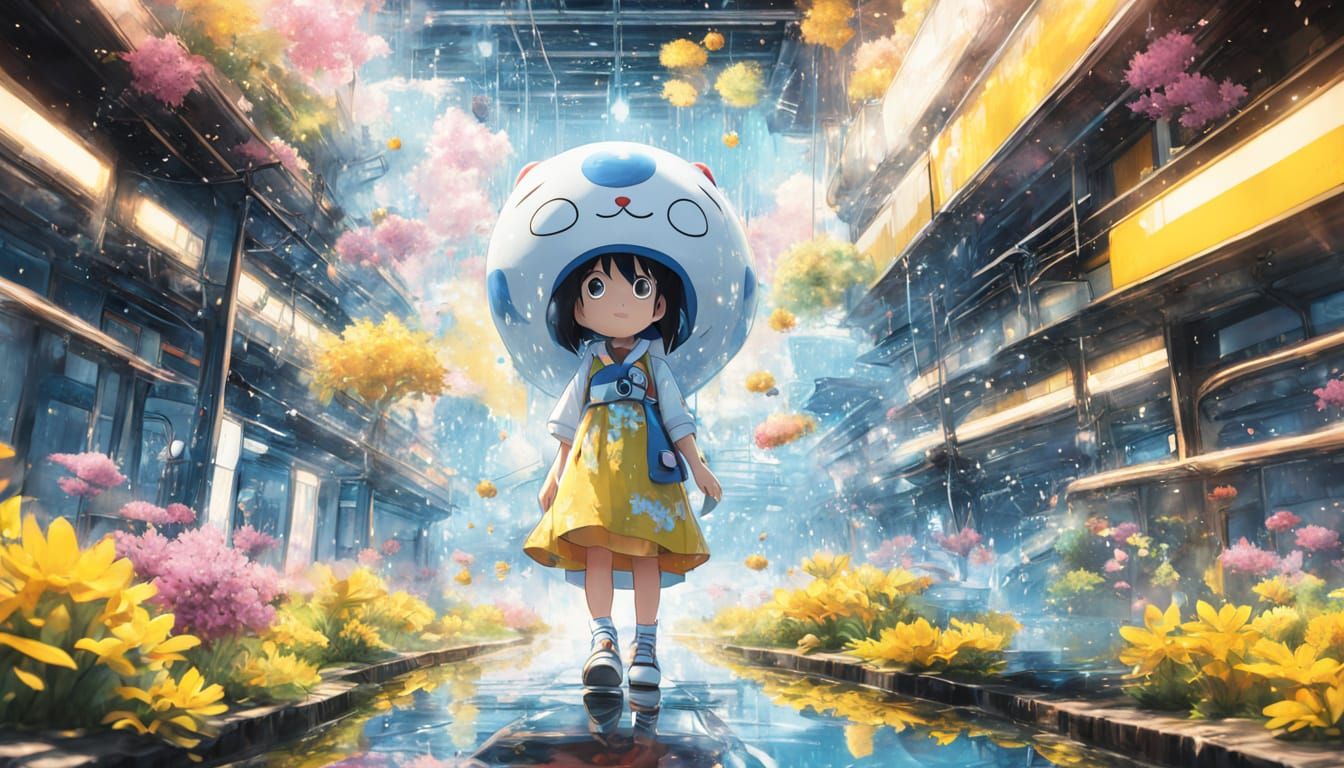 Vibrant Anime Doraemon in a Rainy Aquarium Wonderland