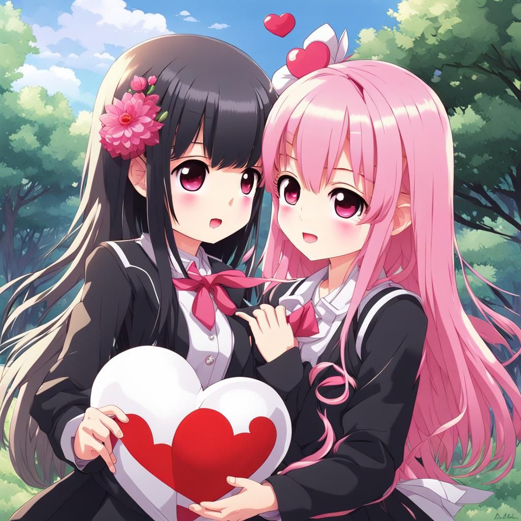 Chibi Anime Girls Holding Heart in Manga Style