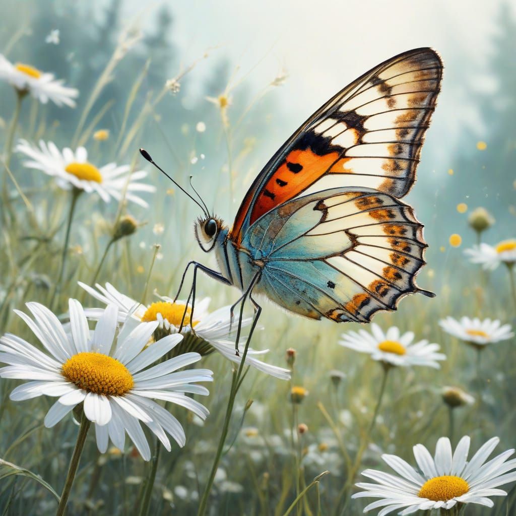 Whimsical Meadow Scene with Delicate Butterfly and Watercolo...