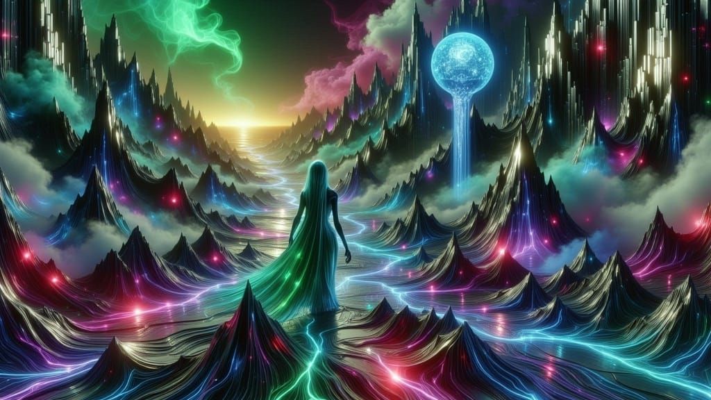 Ethereal Alien Striding Down Skull Street in Surrealist Styl...