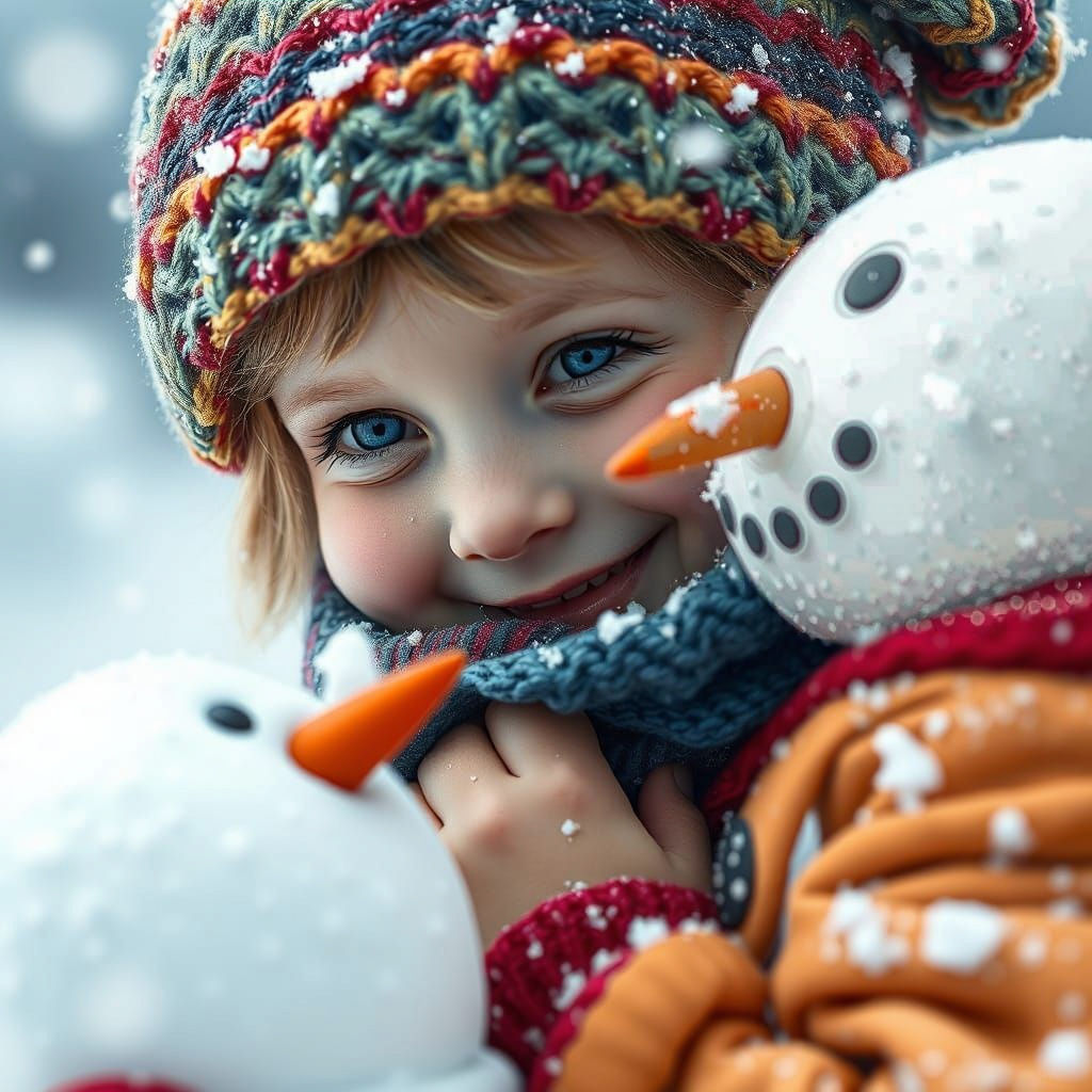 A Smiling Girl Wraps a Scarf Around a Snowman in a Snowy Sce...
