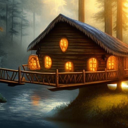 Cozy Cabin with Mushroom Bridge in Moonlight