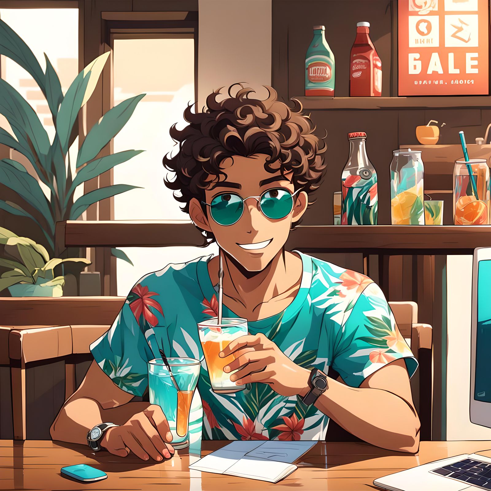 Anime Boy Enjoying Soda in Living Room